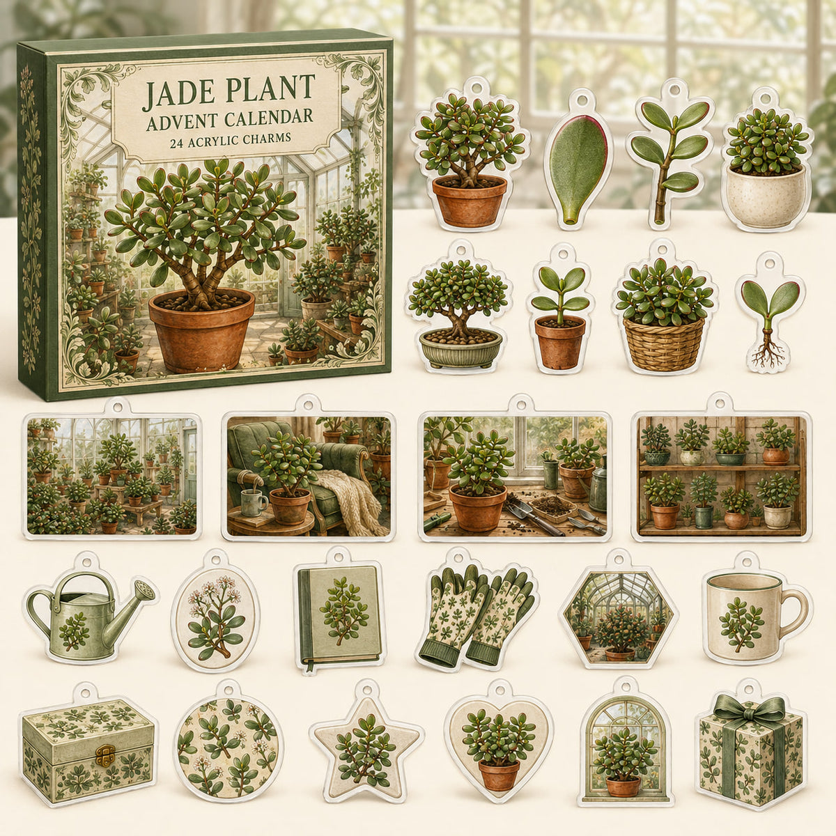 Jade Plant advent calendar box and 24 botanical-themed printed acrylic charms