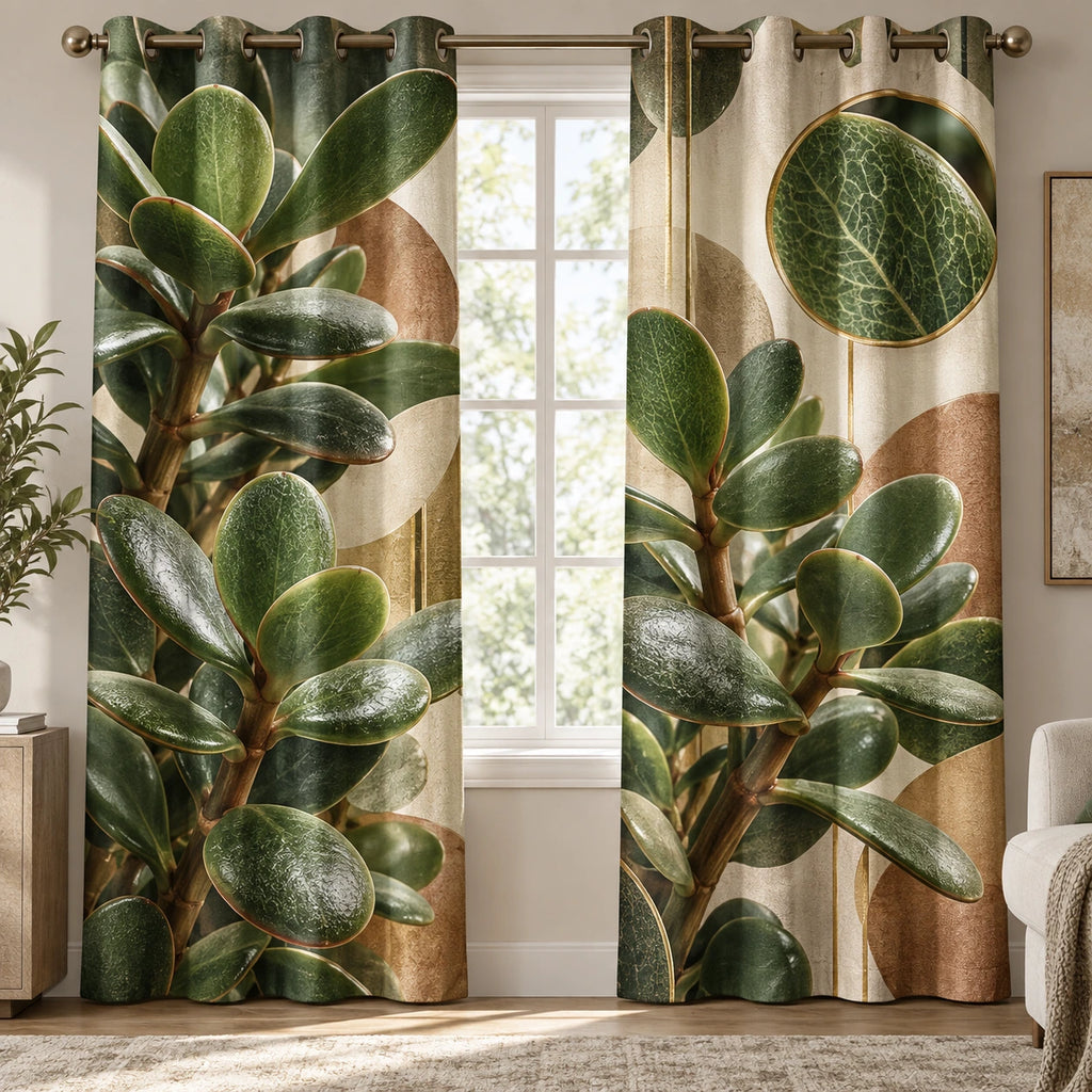 Jade Plant Botanical Study Window Curtains with printed dimensional artwork