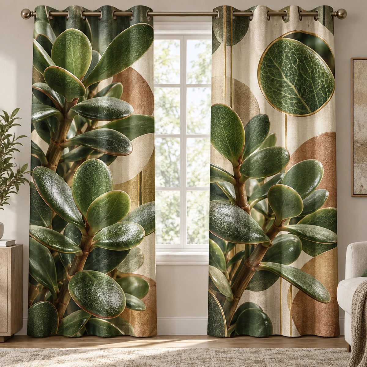 Jade Plant Botanical Study Window Curtains with printed dimensional artwork