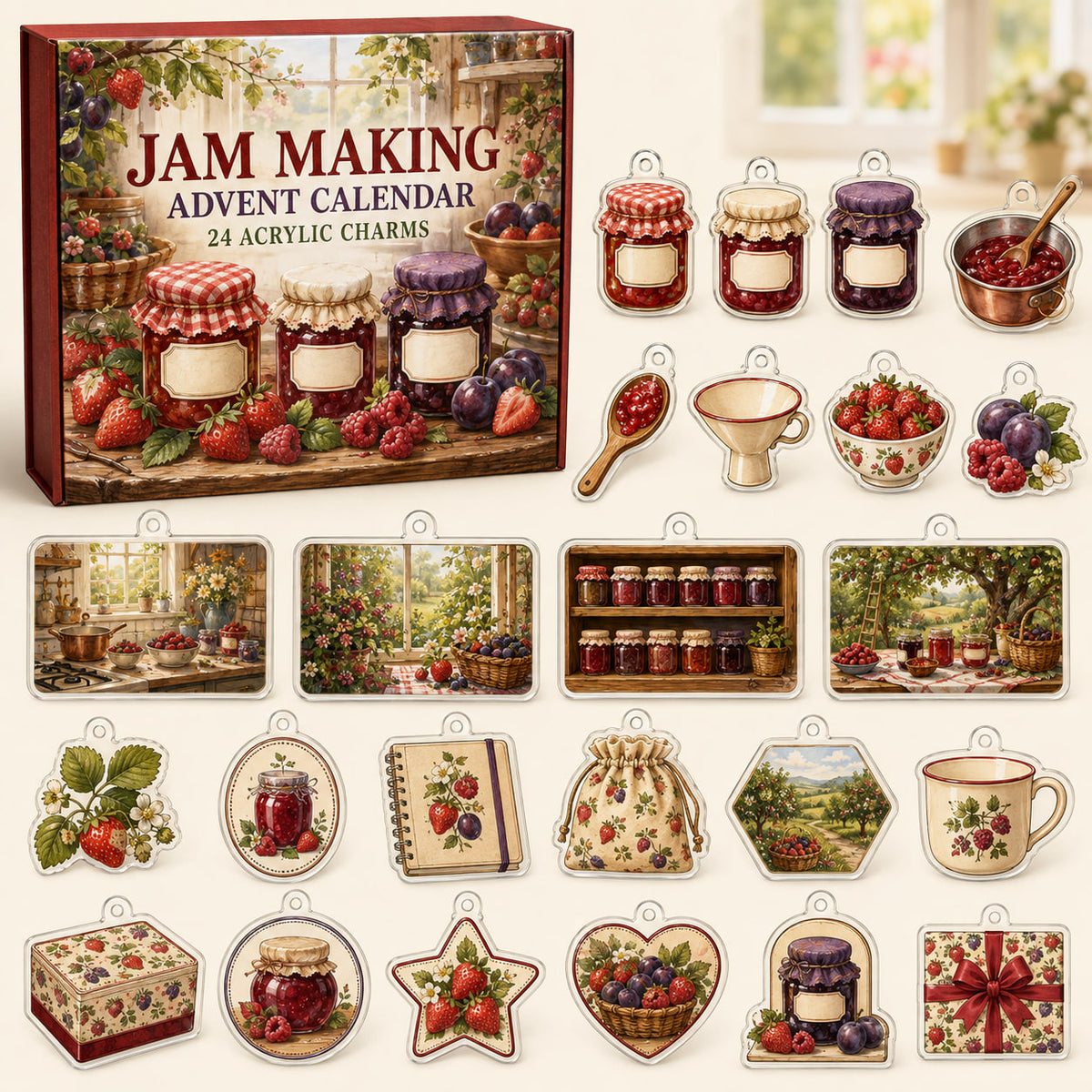 Jam Making advent calendar box with24 kitchen-themed printed acrylic charms
