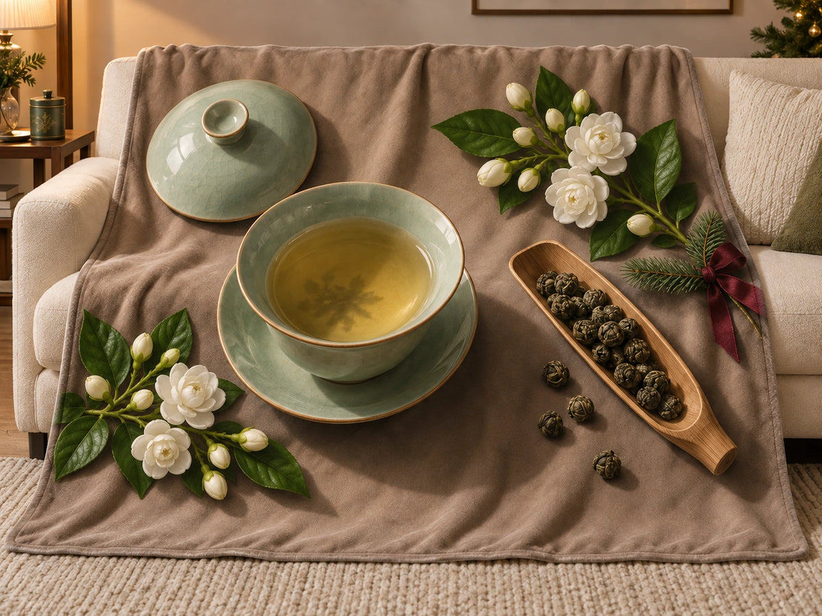 Jasmine Tea Pearl Ritual Fleece Throw Blanket with printed celadon gaiwan and jasmine flower depth