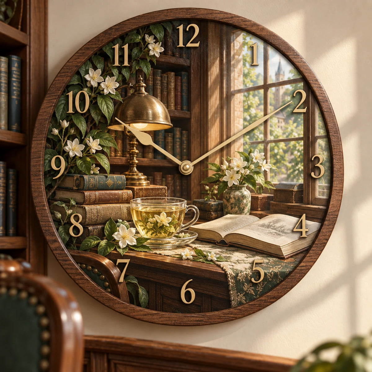 Jasmine Tea Library Afternoon Wooden Wall Clock with printed dimensional artwork