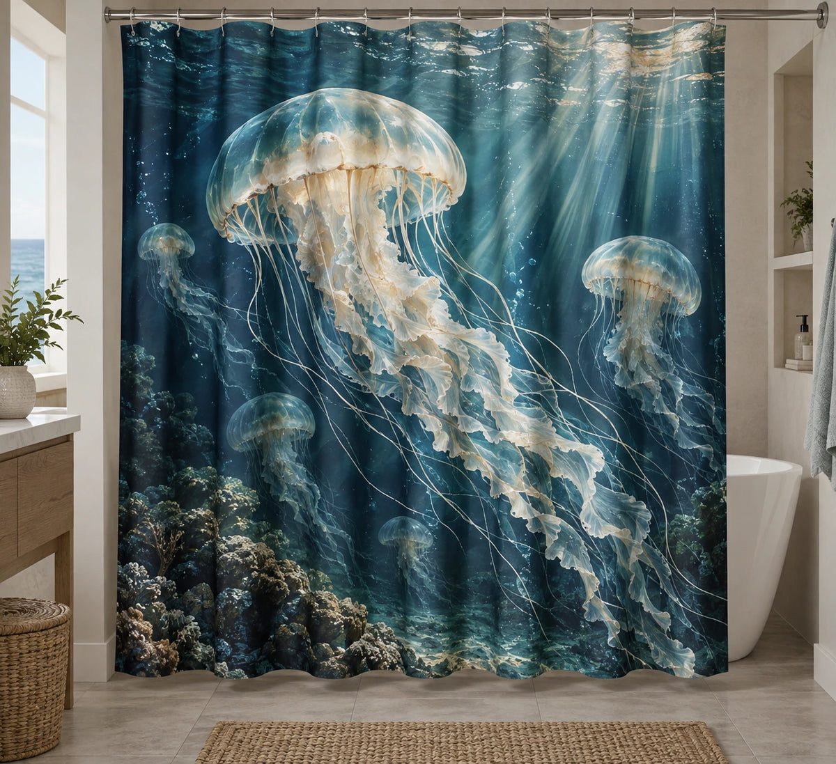 Jellyfish Reef Sunbeams Shower Curtain with printed dimensional artwork