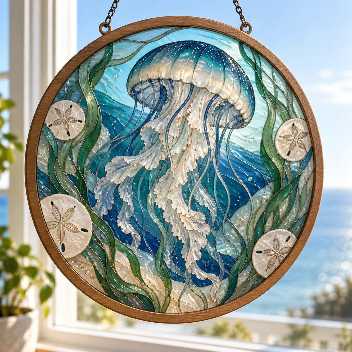 Jellyfish Sand Dollar Garden Wood & Acrylic Suncatcher with printed dimensional artwork