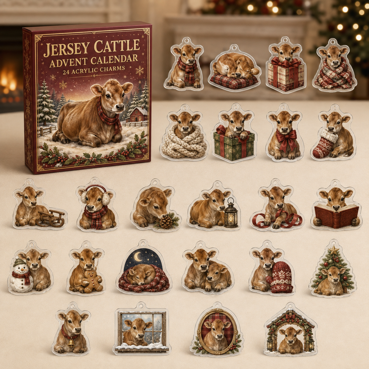 Jersey Cattle advent calendar box and full set of 24 illustrated acrylic charms on a light tabletop