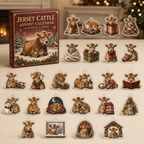 Jersey Cattle advent calendar box and full set of 24 illustrated acrylic charms on a light tabletop