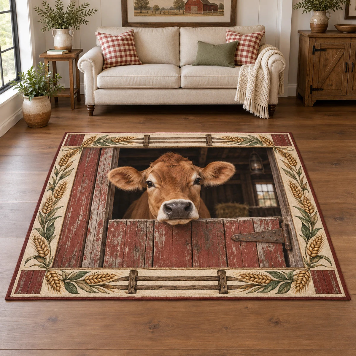 Jersey cow area rug with brown cow peeking over red barn door, wheat accents and coordinated farmhouse setting.