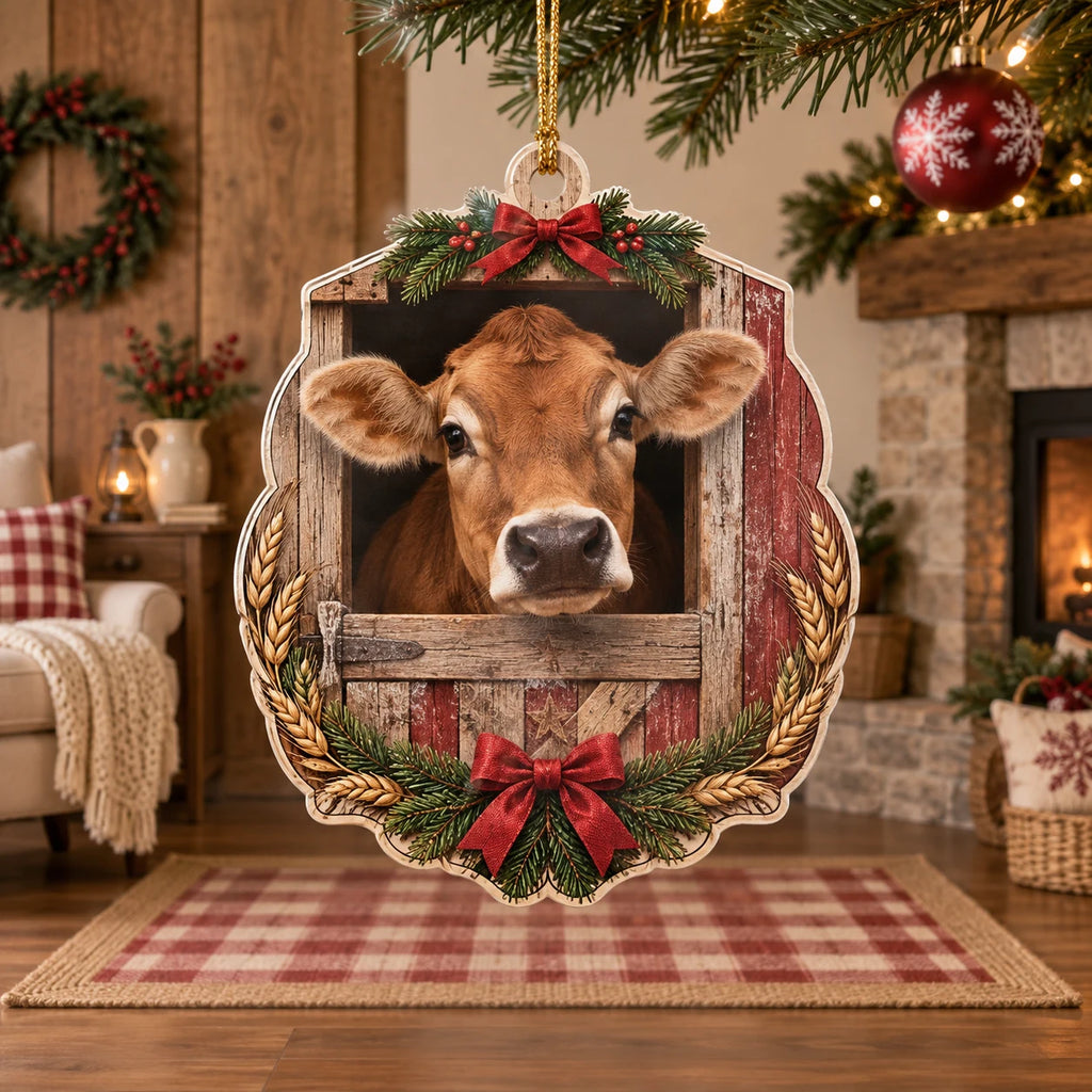 Jersey cow christmas ornament with brown cow peeking over red barn door, wheat accents and coordinated farmhouse setting.