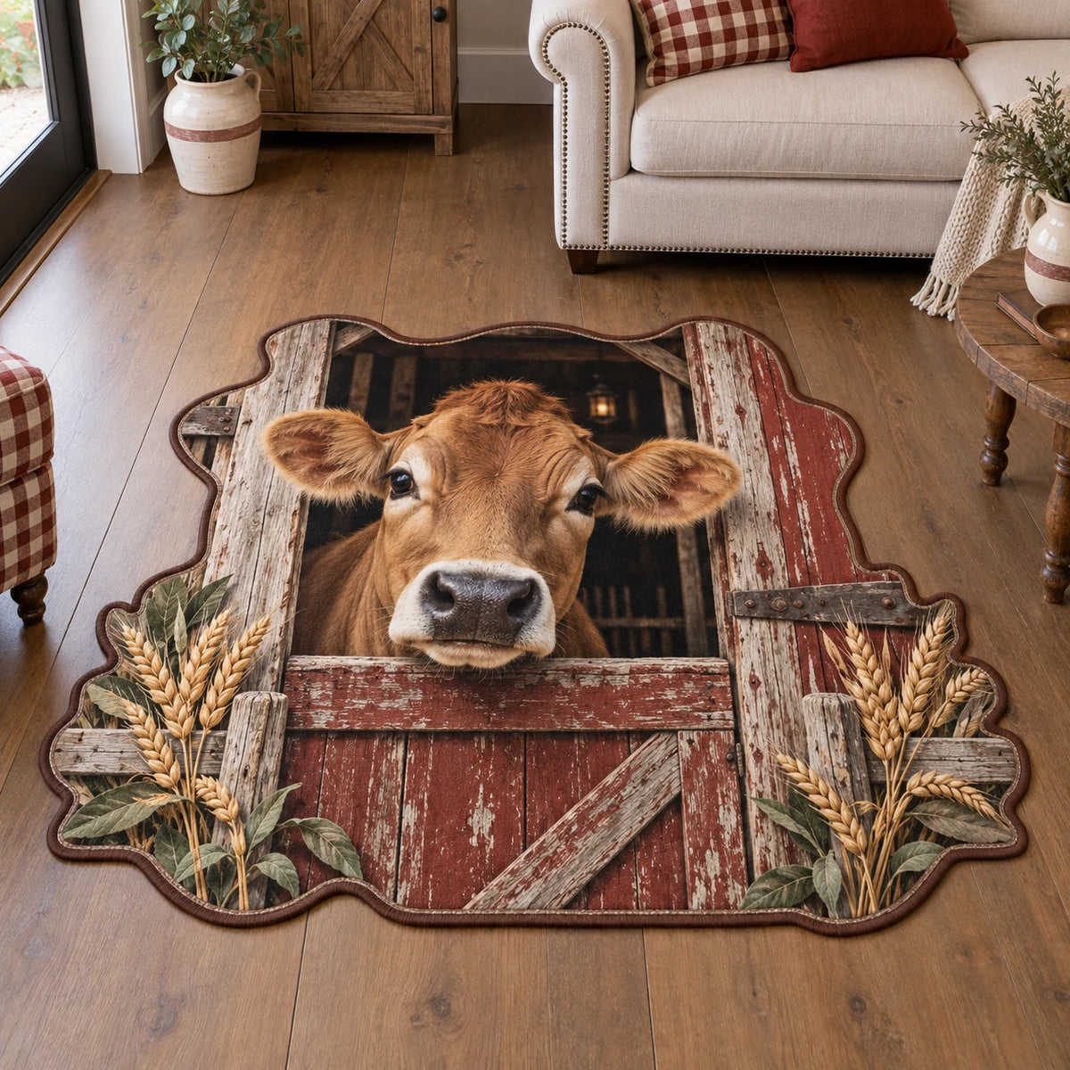 Jersey cow custom shape area rug with brown cow peeking over red barn door, wheat accents and coordinated farmhouse setting.