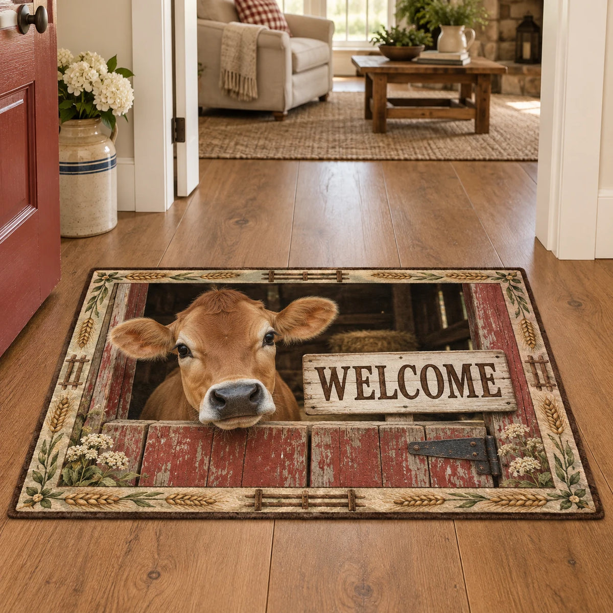 Jersey cow doormat with brown cow peeking over red barn door, wheat accents and coordinated farmhouse setting.