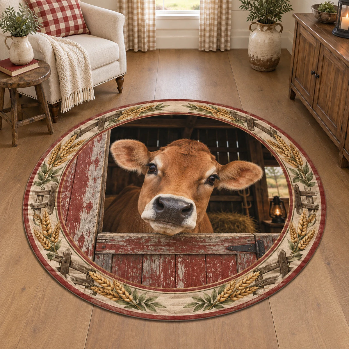 Jersey cow round mat rug with brown cow peeking over red barn door, wheat accents and coordinated farmhouse setting.