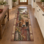 Jersey cow runner rug with brown cow peeking over red barn door, wheat accents and coordinated farmhouse setting.