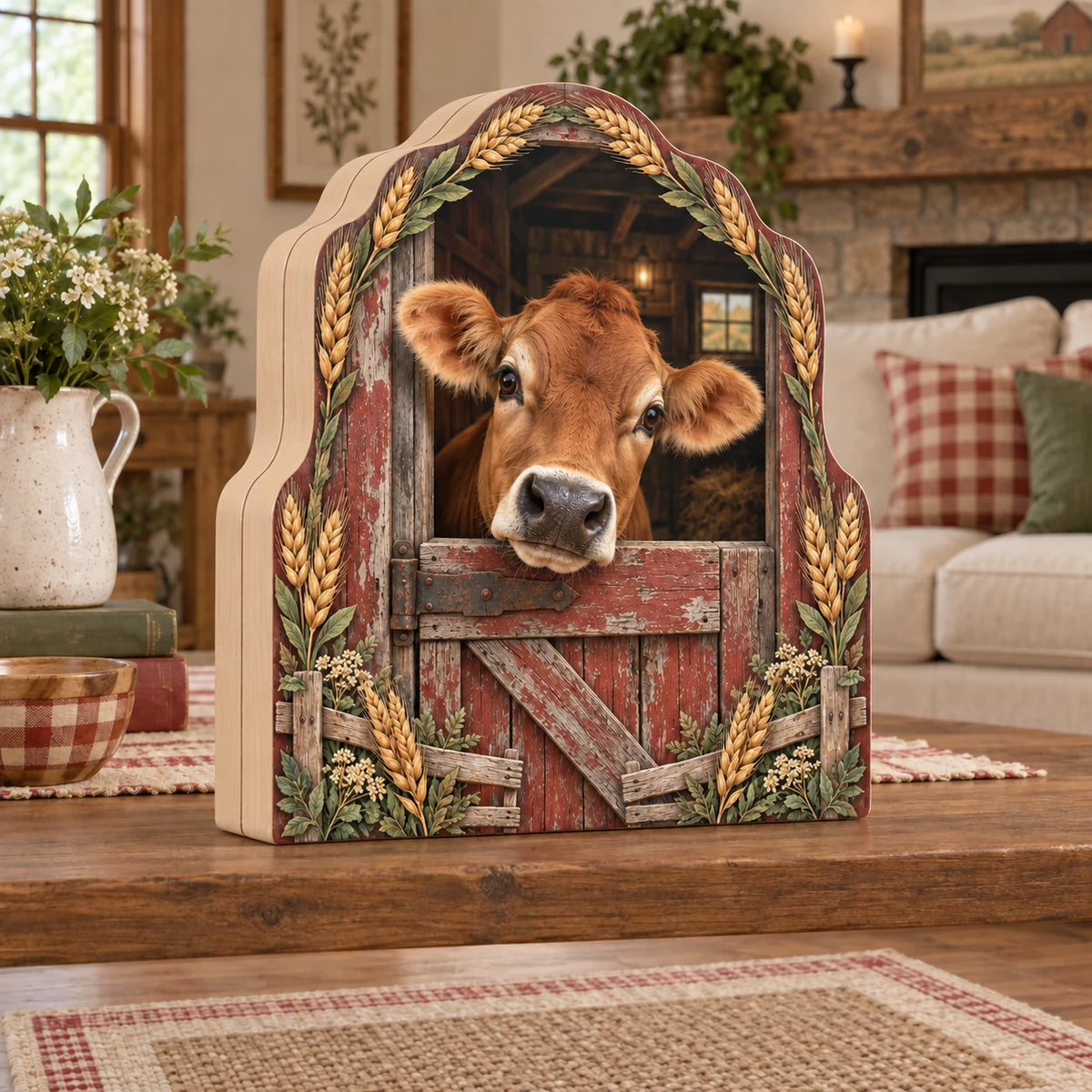 Jersey cow wooden block with brown cow peeking over red barn door, wheat accents and coordinated farmhouse setting.