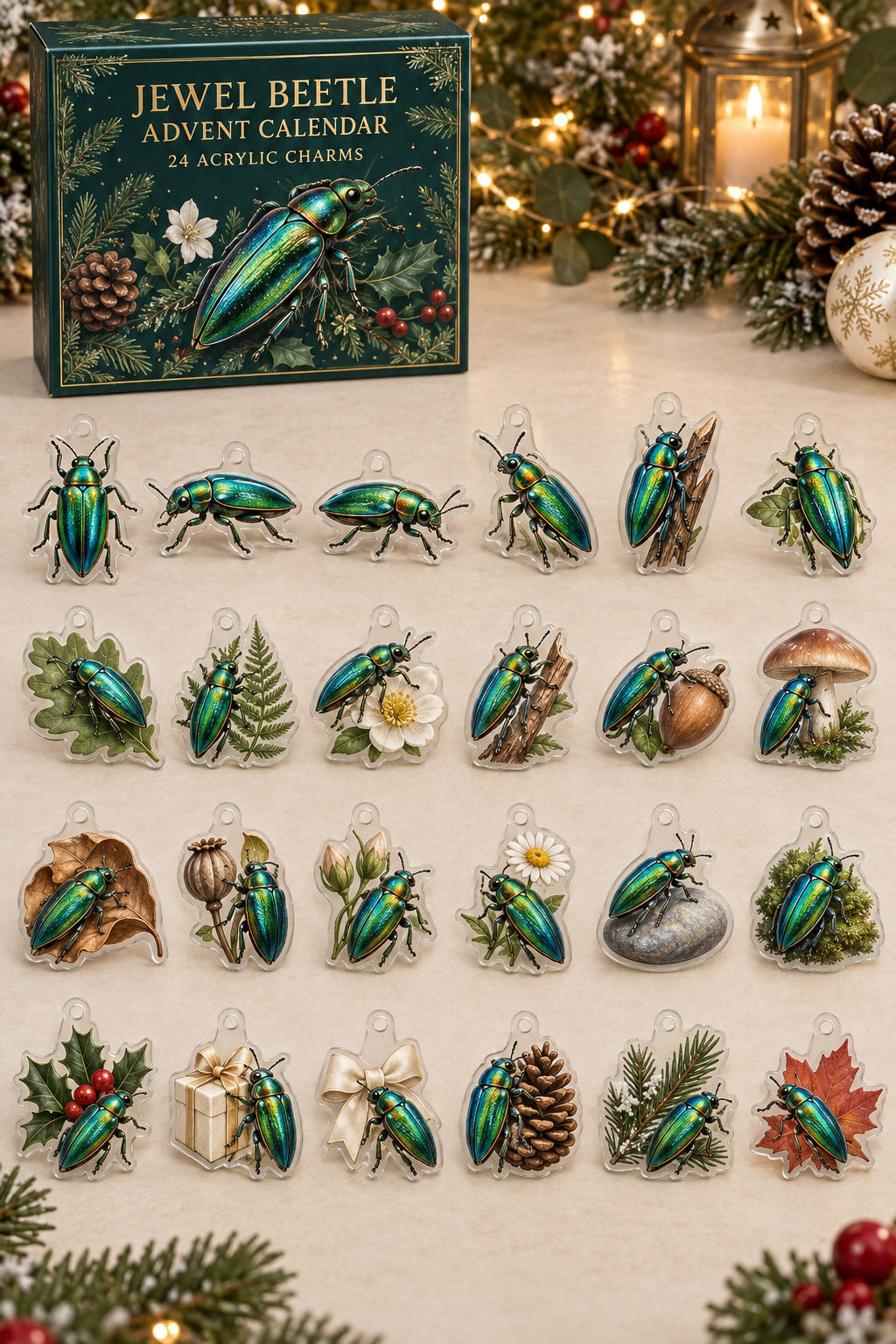 Jewel Beetle advent calendar with 24 custom-shaped flat acrylic charms and printed dimensional artwork