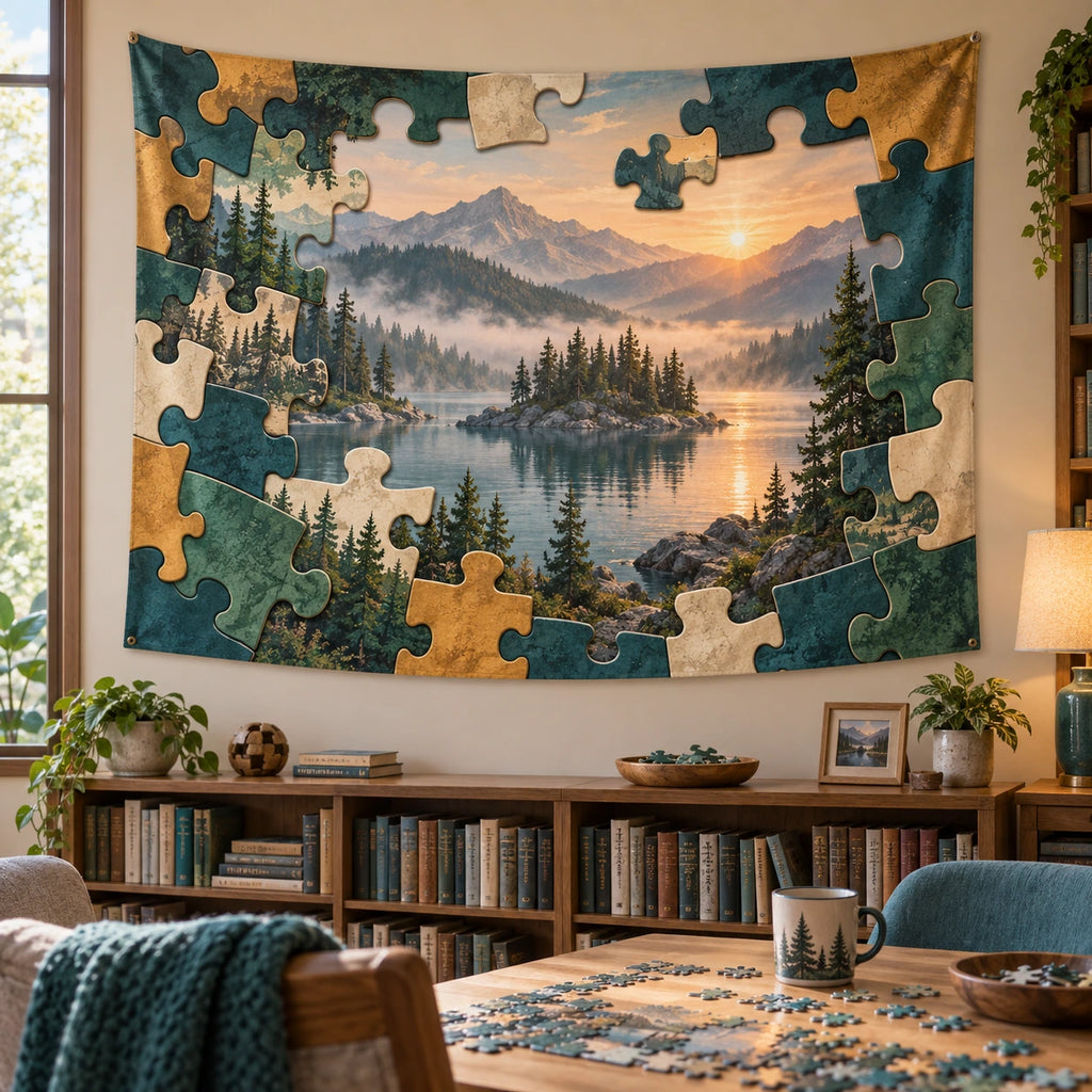 Jigsaw Landscape Portal Wall Tapestry with original printed optical 3D artwork