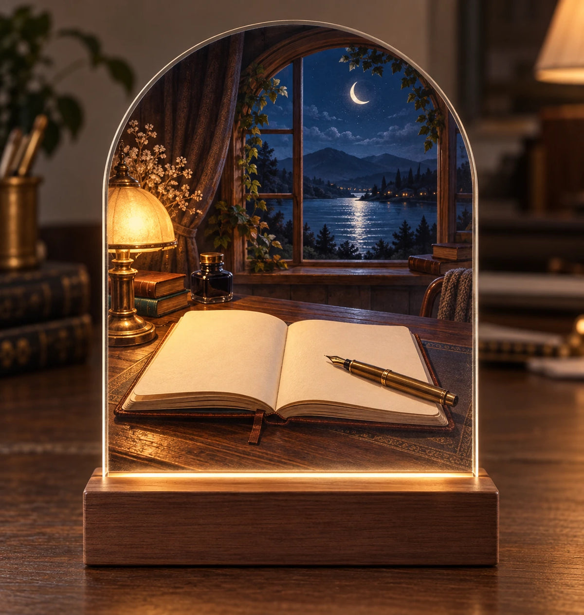 Journal Moonlit Pages Acrylic Night Light with flat printed journal and moonlit window scene
