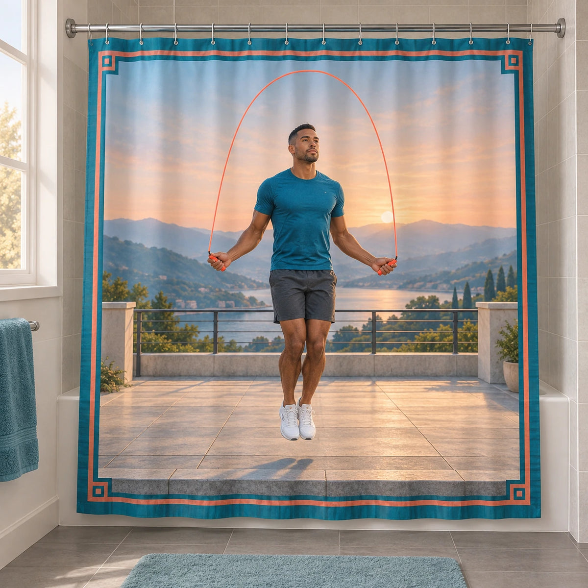 Jump Rope Sunrise Terrace Shower Curtain with original printed optical 3D artwork