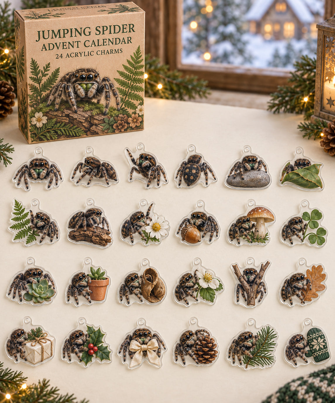 Jumping Spider advent calendar with 24 custom-shaped flat acrylic charms and printed dimensional artwork