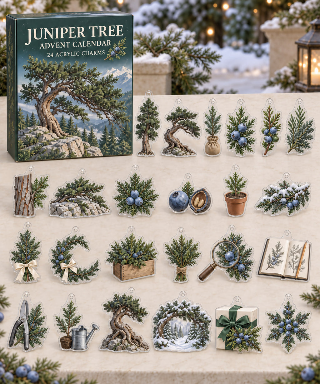 Juniper Tree advent calendar with 24 custom-shaped flat acrylic charms and printed dimensional artwork