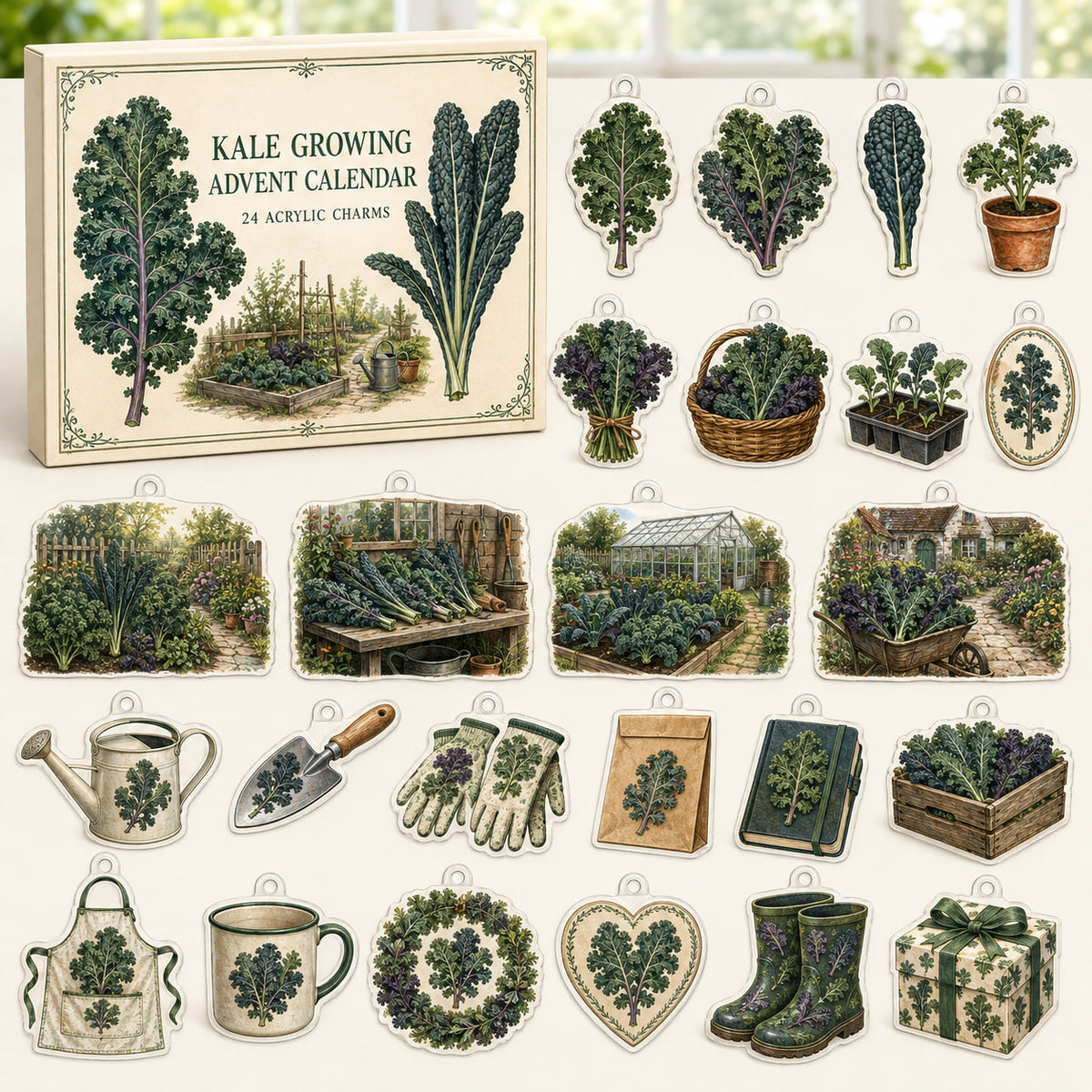 Kale Growing advent calendar box with 24 themed printed acrylic charms