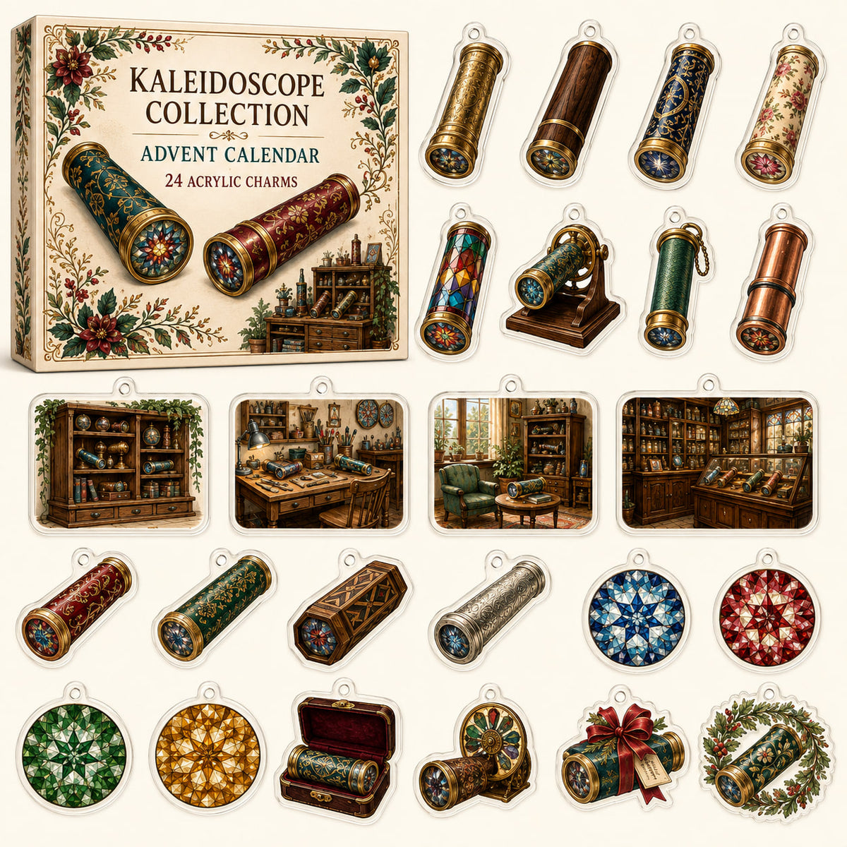Kaleidoscope Collecting advent calendar box and24 printed acrylic collectible charms