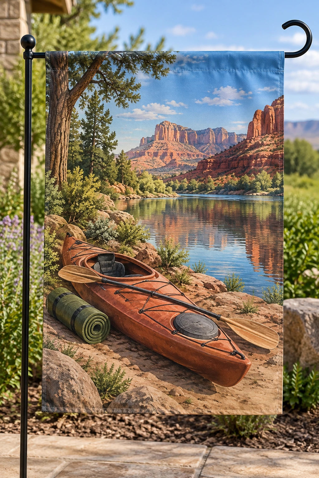 Kayak Camp Desert Stop Garden Flag with printed dimensional artwork