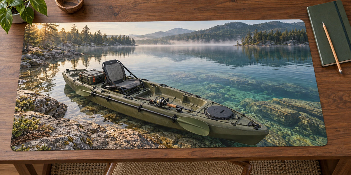 Fishing kayak with rod and tackle on clear lake, printed optical-depth desk mat.