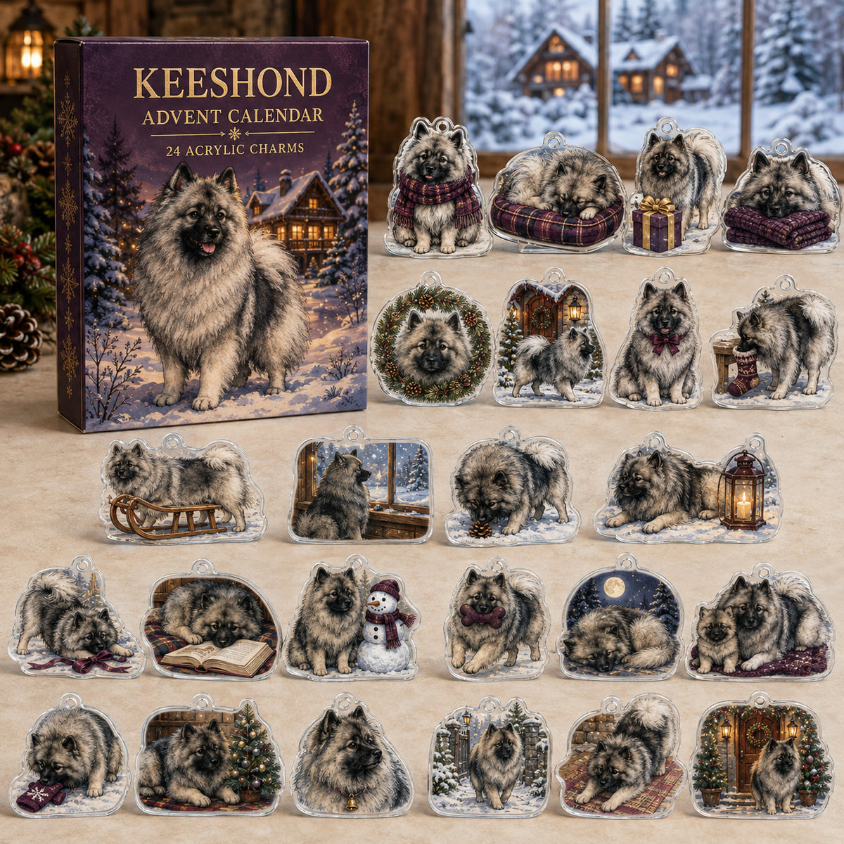 Keeshond advent calendar box and 24 illustrated acrylic charms displayed on an ivory tabletop in a winter setting
