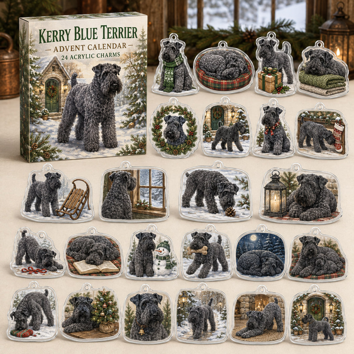 Kerry Blue Terrier advent calendar box and 24 illustrated acrylic charms displayed on an ivory tabletop in a winter setting