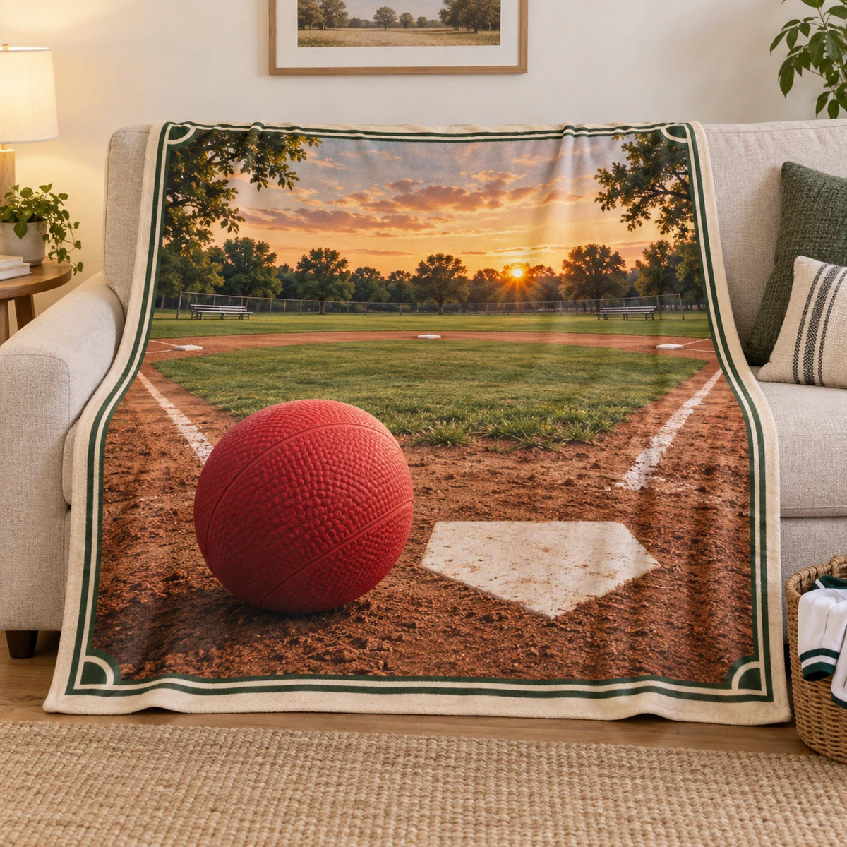 Kickball Sunset Field Fleece Throw Blanket with original printed optical 3D artwork