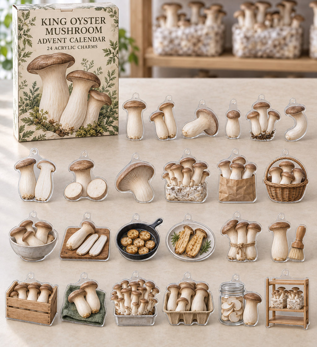 King Oyster Mushroom advent calendar with 24 custom-shaped flat acrylic charms and printed dimensional artwork