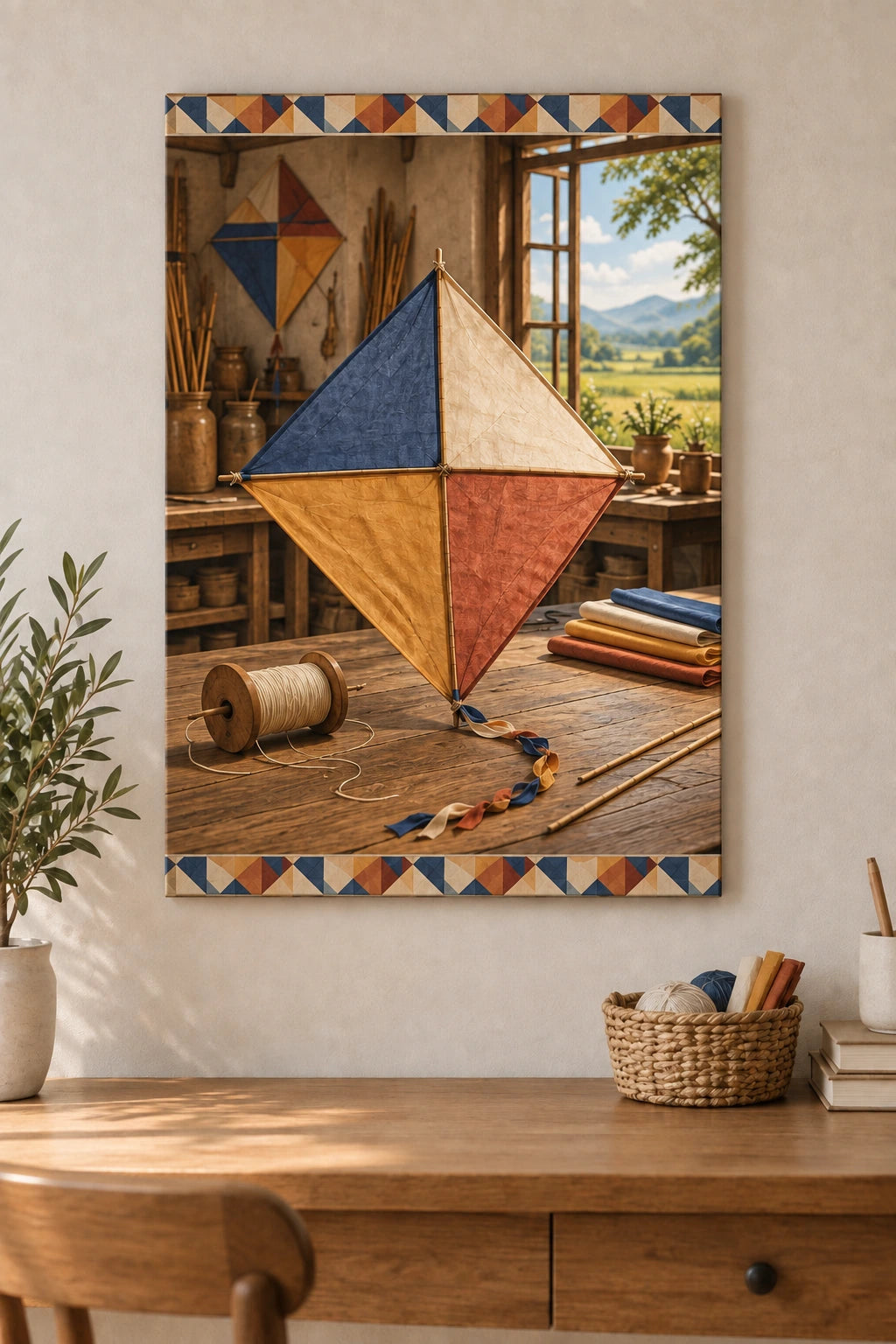 Kite Making Studio Stretched Canvas Wall Art with original printed optical 3D artwork