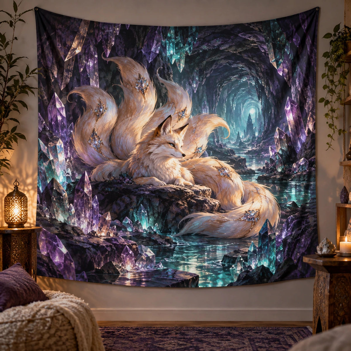 Kitsune Fox Crystal Cavern Wall Tapestry with printed 3D depth