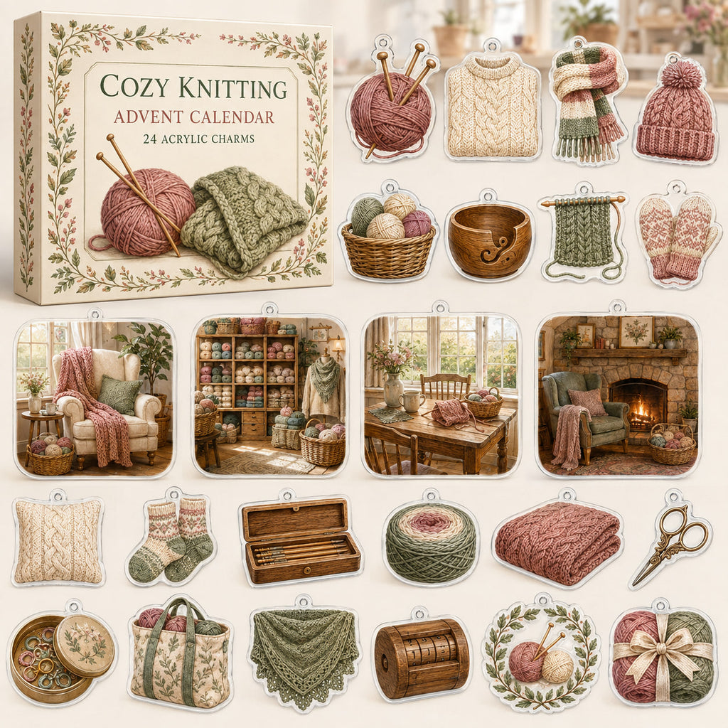 Knitting advent calendar box with 24 decorative printed acrylic craft charms