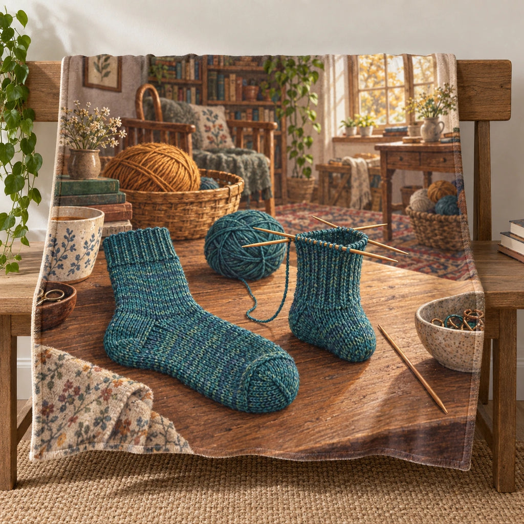 Sock knitting still life printed on a thin fleece throw blanket.