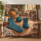 Sock knitting still life printed on a thin fleece throw blanket.