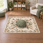 Knitting Floral Workshop Area Rug with printed 3D depth in a coordinated craft-room setting.