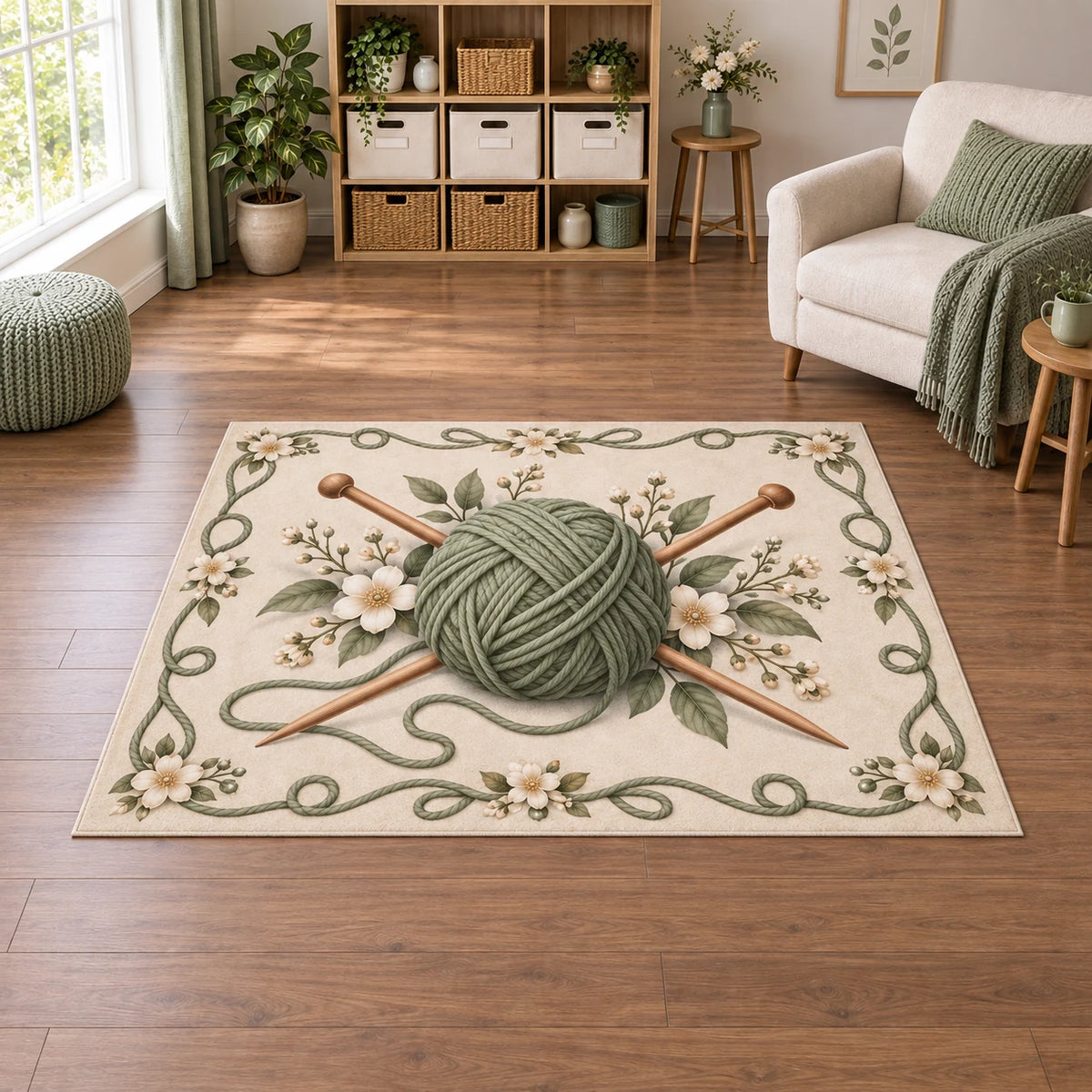 Knitting Floral Workshop Area Rug with printed 3D depth in a coordinated craft-room setting.
