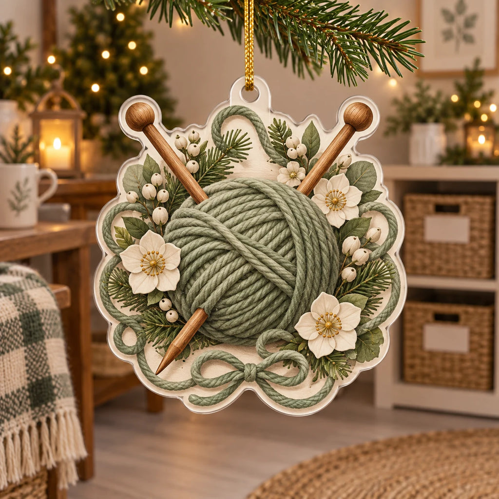 Knitting Floral Workshop Christmas Ornament with printed 3D depth in a coordinated craft-room setting.