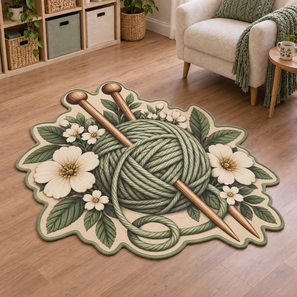 Knitting Floral Workshop Custom Shape Area Rug with printed 3D depth in a coordinated craft-room setting.