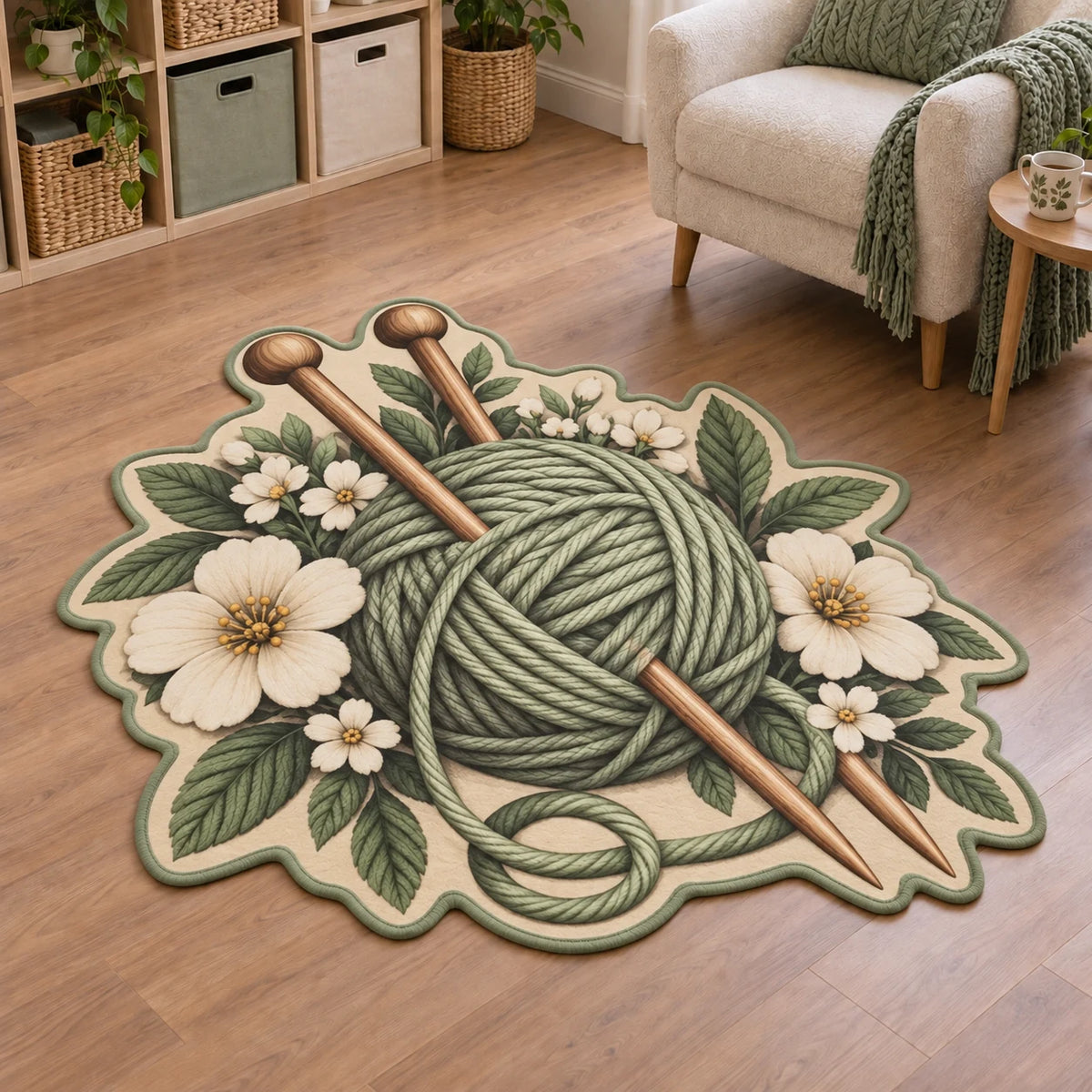 Knitting Floral Workshop Custom Shape Area Rug with printed 3D depth in a coordinated craft-room setting.