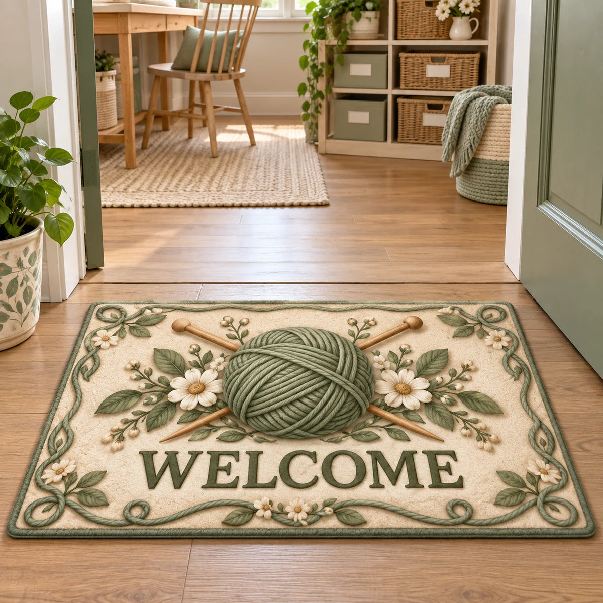 Knitting Floral Workshop Doormat with printed 3D depth in a coordinated craft-room setting.
