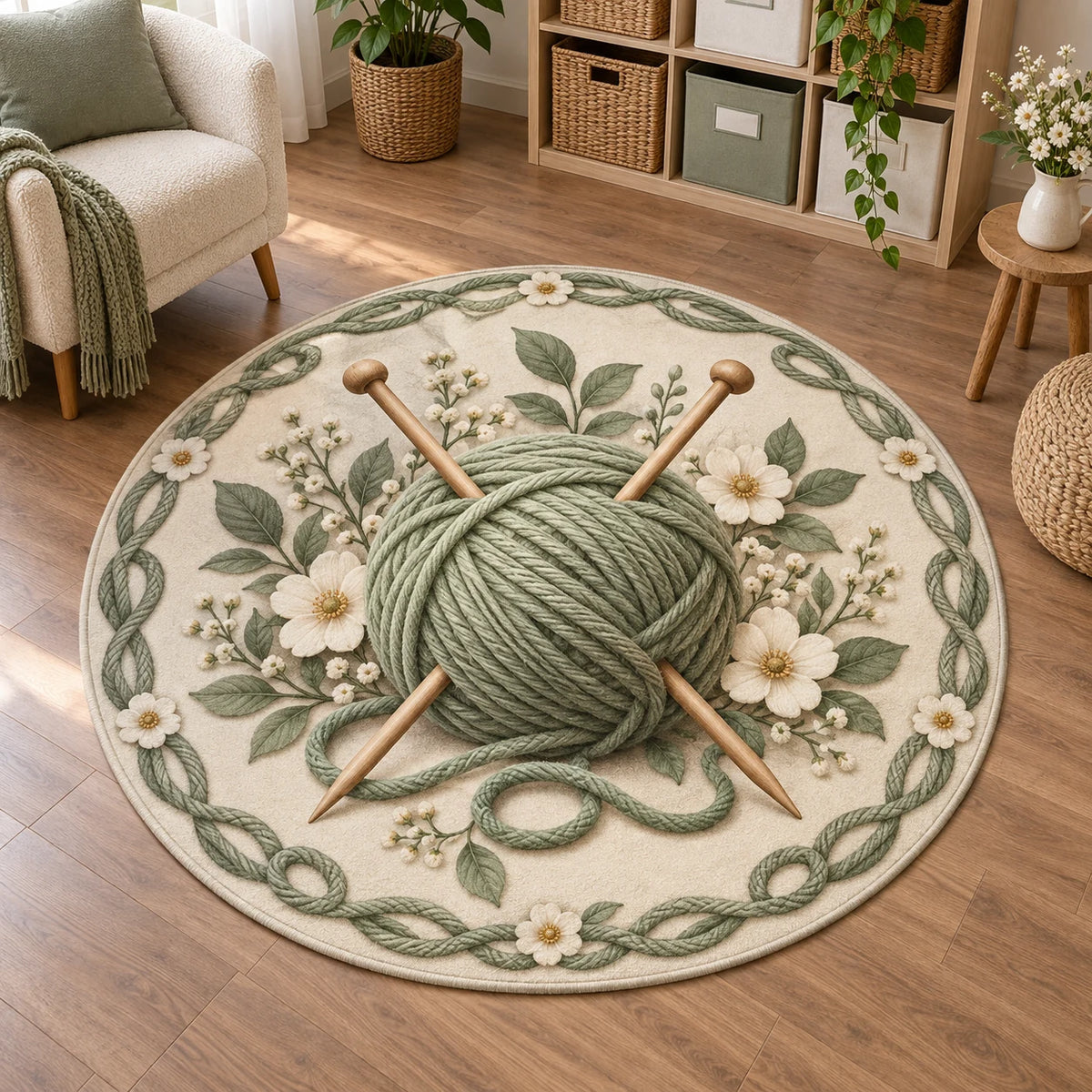 Knitting Floral Workshop Round Mat Rug with printed 3D depth in a coordinated craft-room setting.