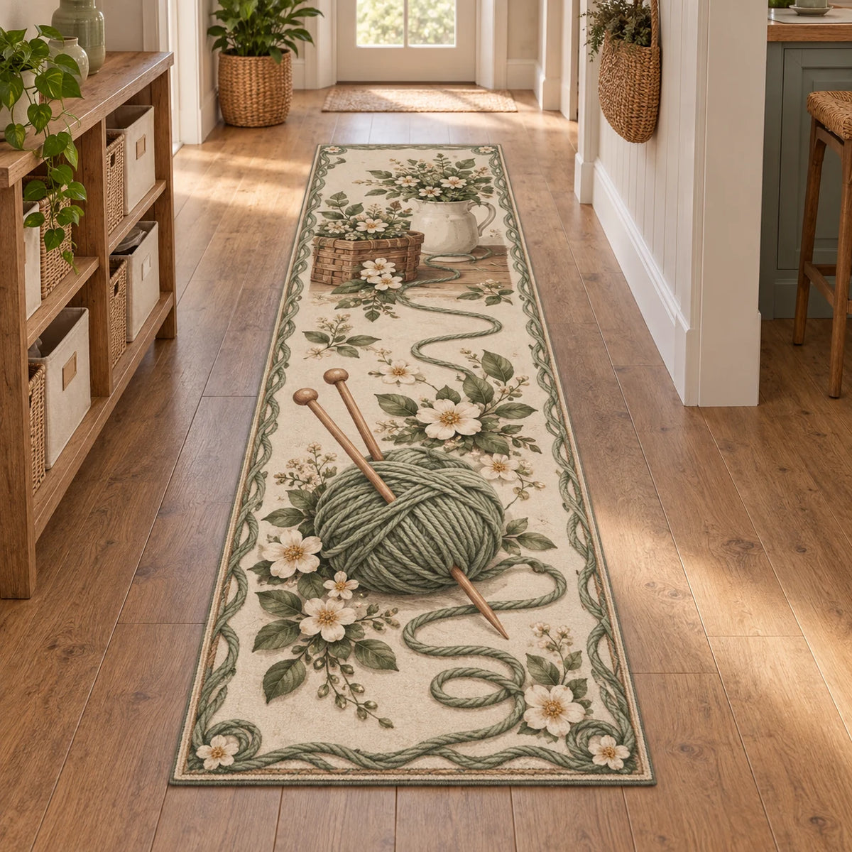 Knitting Floral Workshop Runner Rug with printed 3D depth in a coordinated craft-room setting.