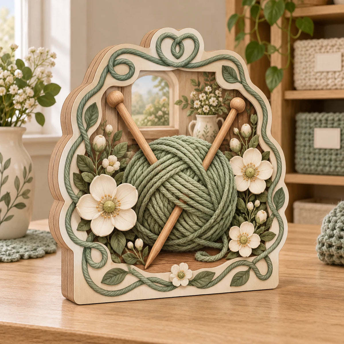 Knitting Floral Workshop Wooden Block 3 Layer with printed 3D depth in a coordinated craft-room setting.