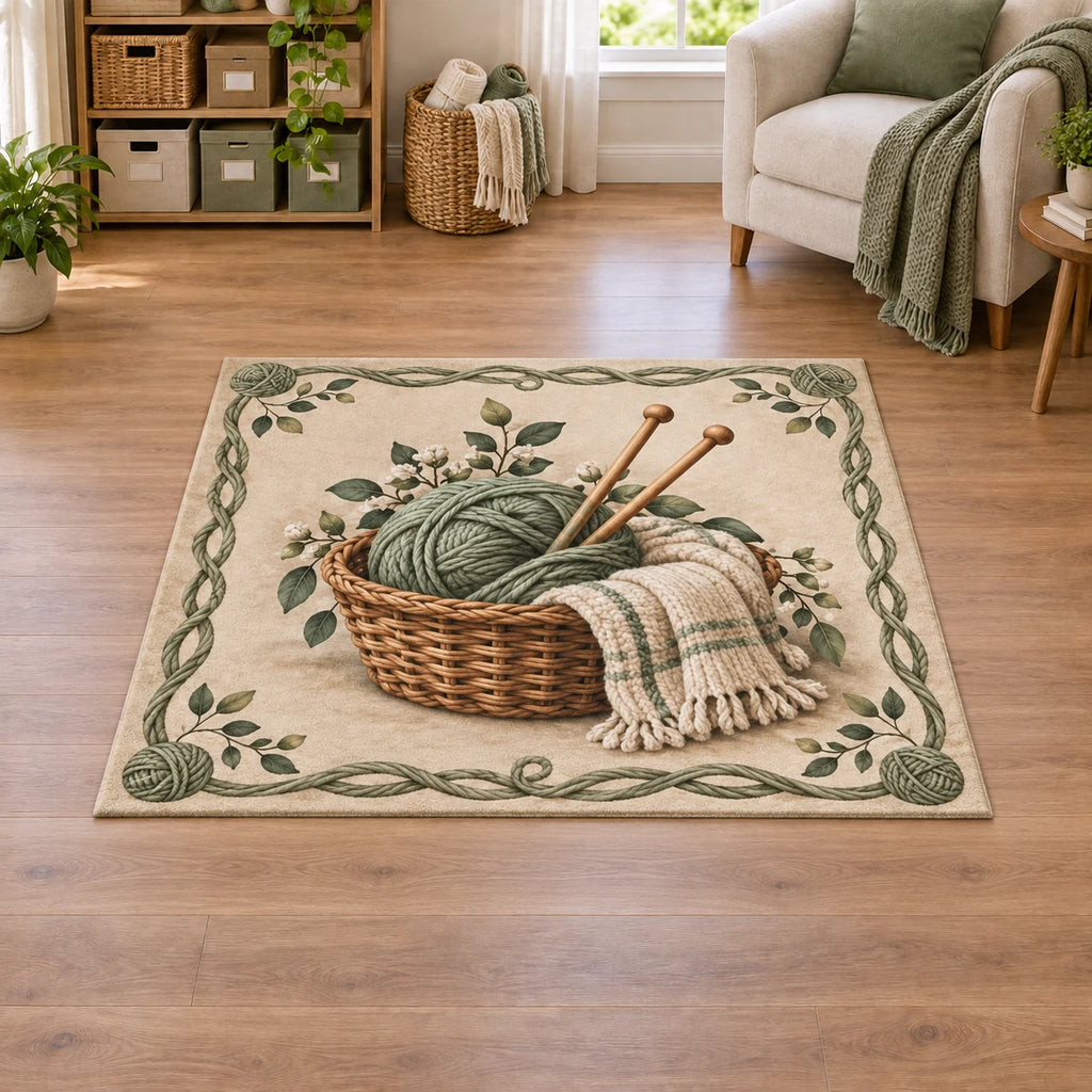 Knitting Maker Basket Area Rug with detailed printed dimensional shading and a matching niche-inspired border.
