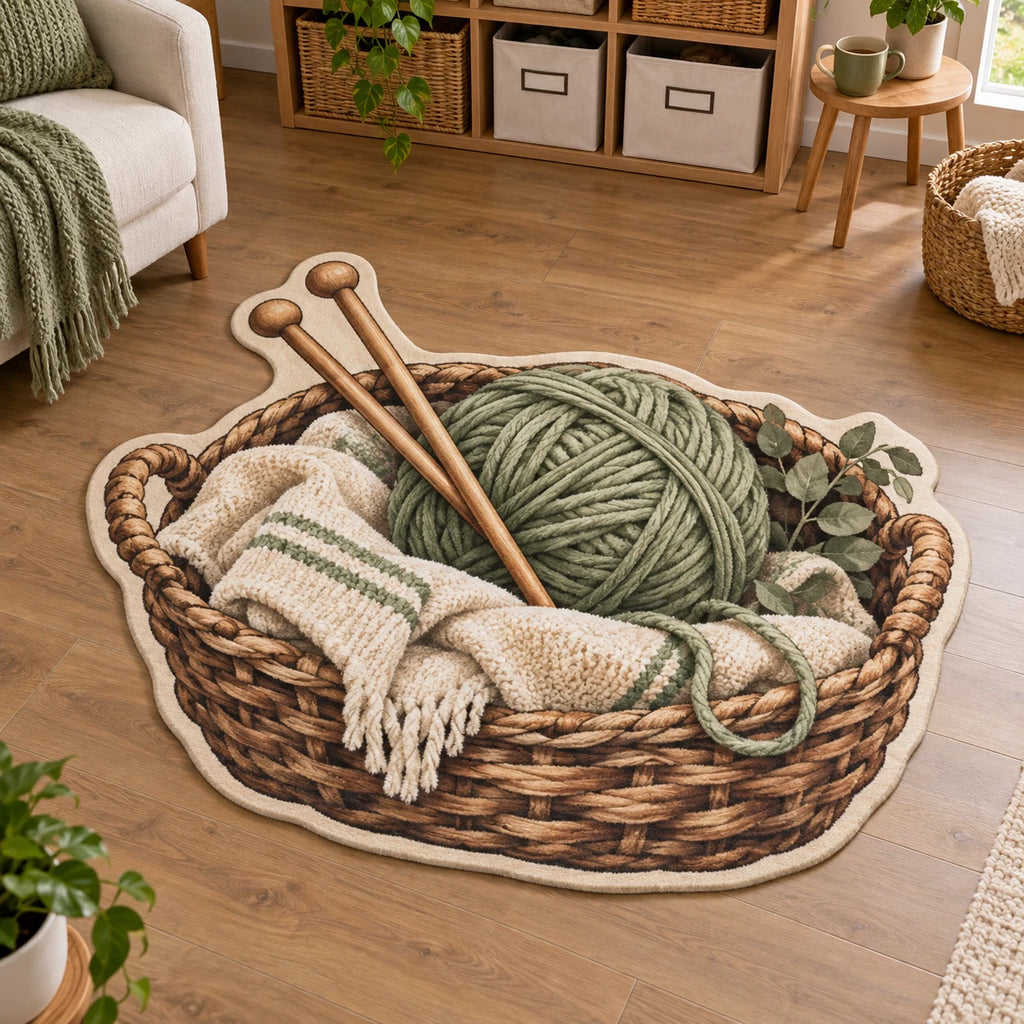 Knitting Maker Basket Custom Shape Area Rug with detailed printed dimensional shading and a matching niche-inspired border.