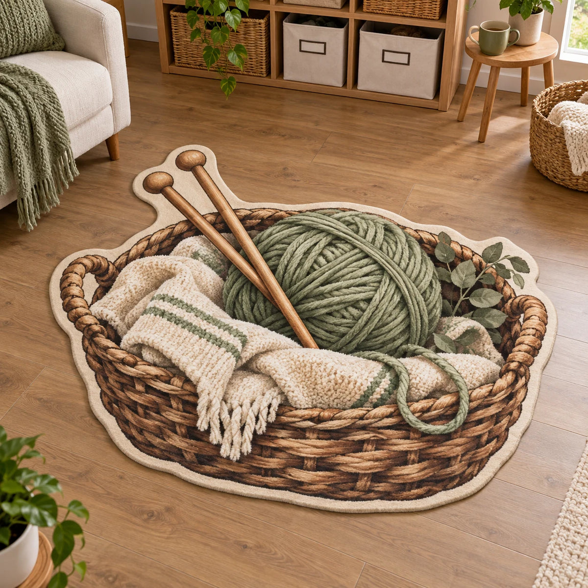 Knitting Maker Basket Custom Shape Area Rug with detailed printed dimensional shading and a matching niche-inspired border.