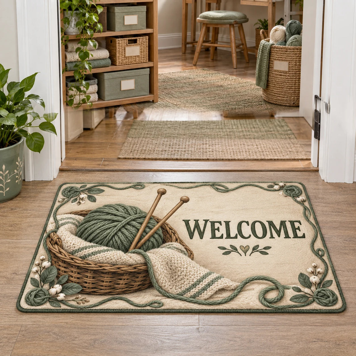 Cream doormat with a sage yarn basket, two knitting needles, folded cloth and green WELCOME lettering inside a yarn-and-leaf border.