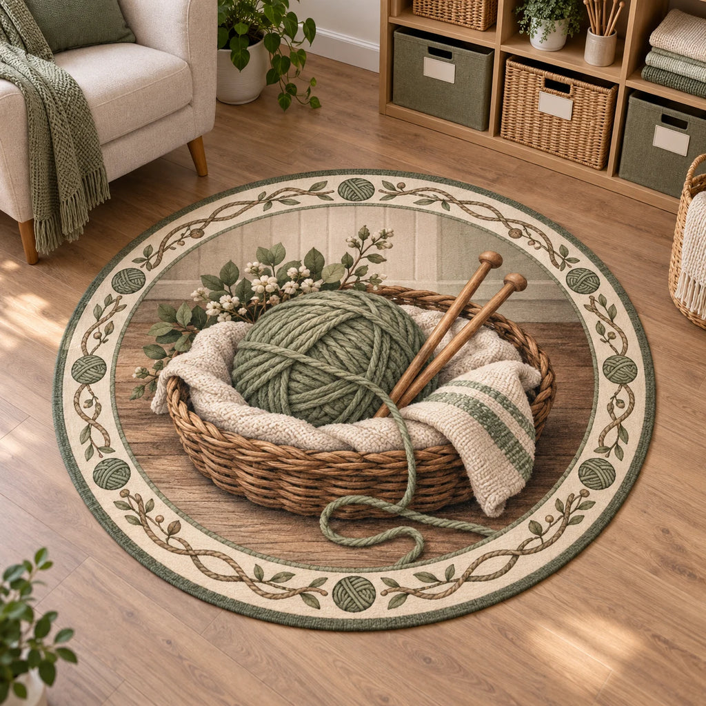 Knitting Maker Basket Round Mat Rug with detailed printed dimensional shading and a matching niche-inspired border.